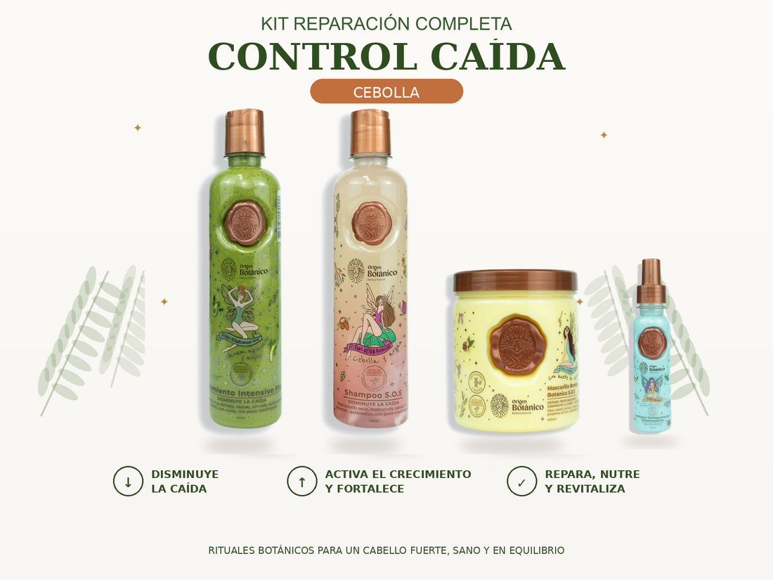 Kit Reparación Completa Control Caída con Shampoo Cebolla, Plex, Mascarilla Bomba SOS y Perfume Tentación Azul 120 ml