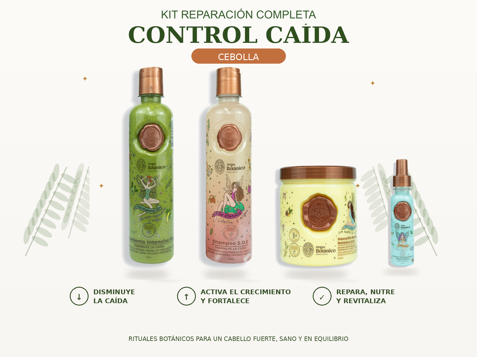 Kit Reparación Completa Control Caída con Shampoo Cebolla, Plex, Mascarilla Bomba SOS y Perfume Tentación Azul 120 ml