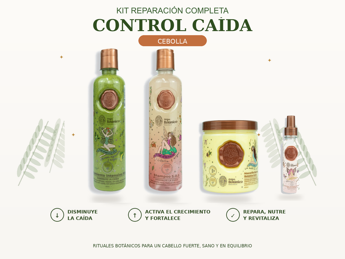 Kit Reparación Completa Control Caída con Shampoo Cebolla, Plex, Mascarilla Bomba SOS y Perfume Tentación Azul 120 ml