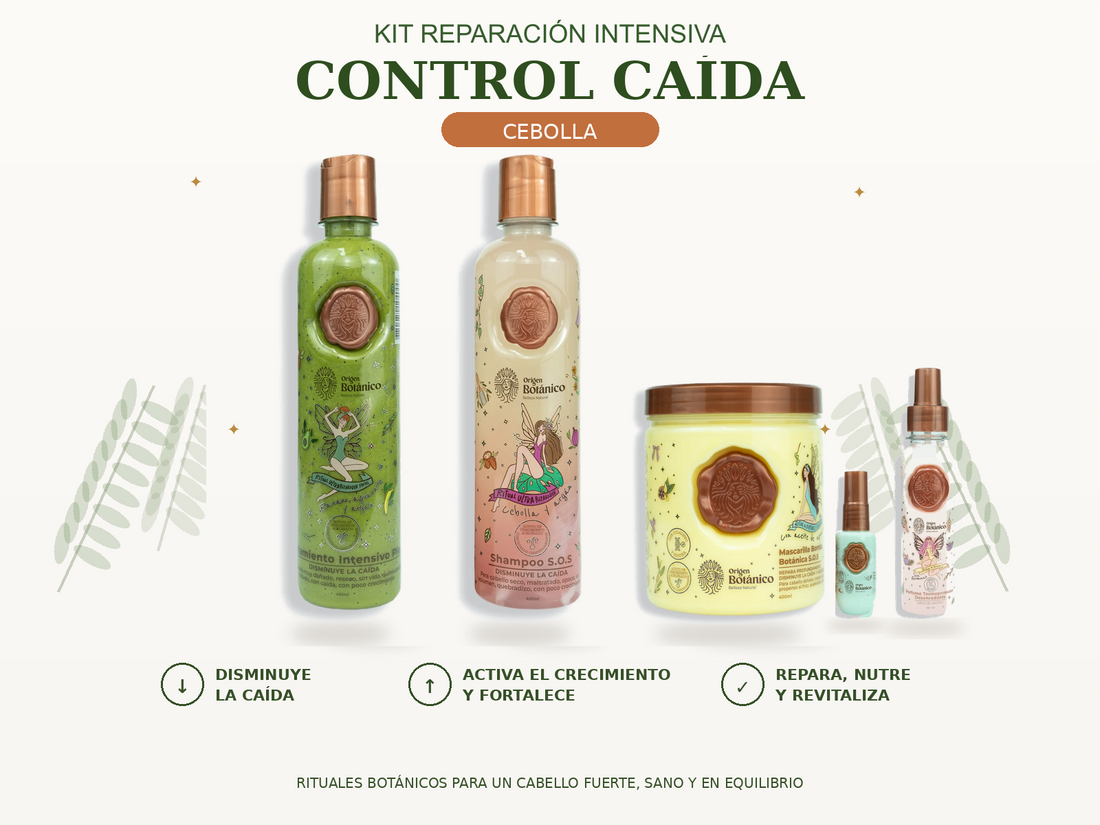 Kit Reparación Intensiva Control Caída con Shampoo Cebolla, Plex, Mascarilla Bomba SOS, Perfume Azul 120 ml y Mini Rosado 35 ml