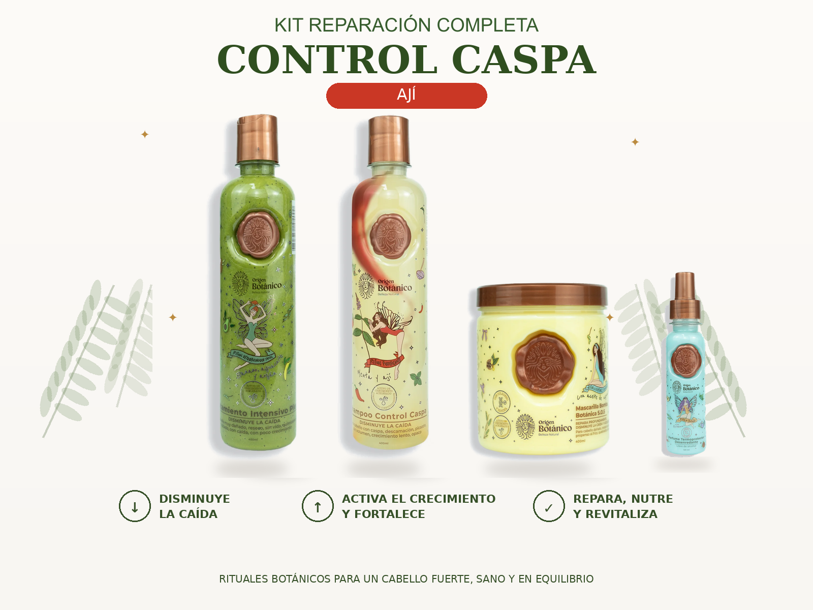 Kit Reparación Completa Control Caspa con Shampoo Ají, Plex, Mascarilla Bomba SOS y Perfume Tentación Azul 120 ml