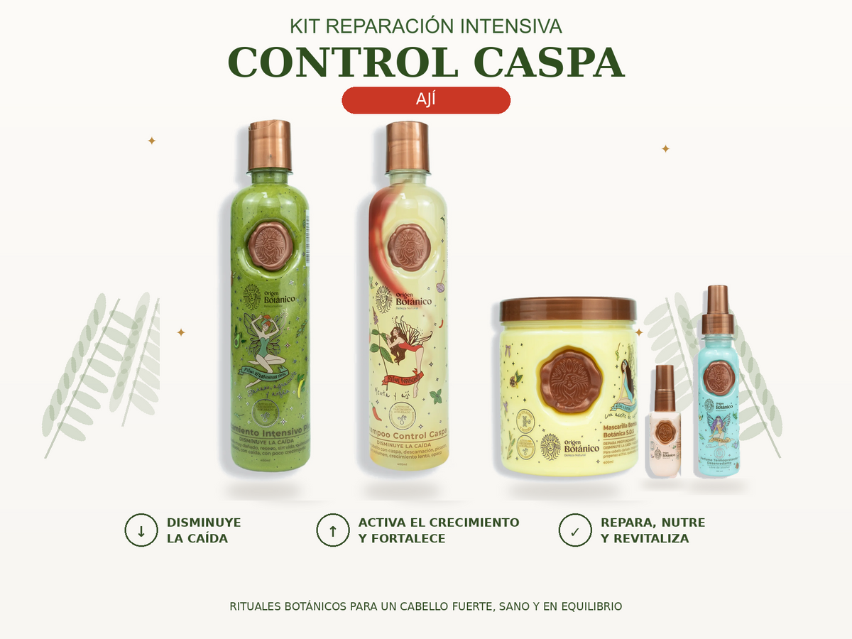Kit Reparación Intensiva Control Caspa con Shampoo Ají, Plex, Mascarilla Bomba SOS, Perfume Azul 120 ml y Mini Rosado 35 ml