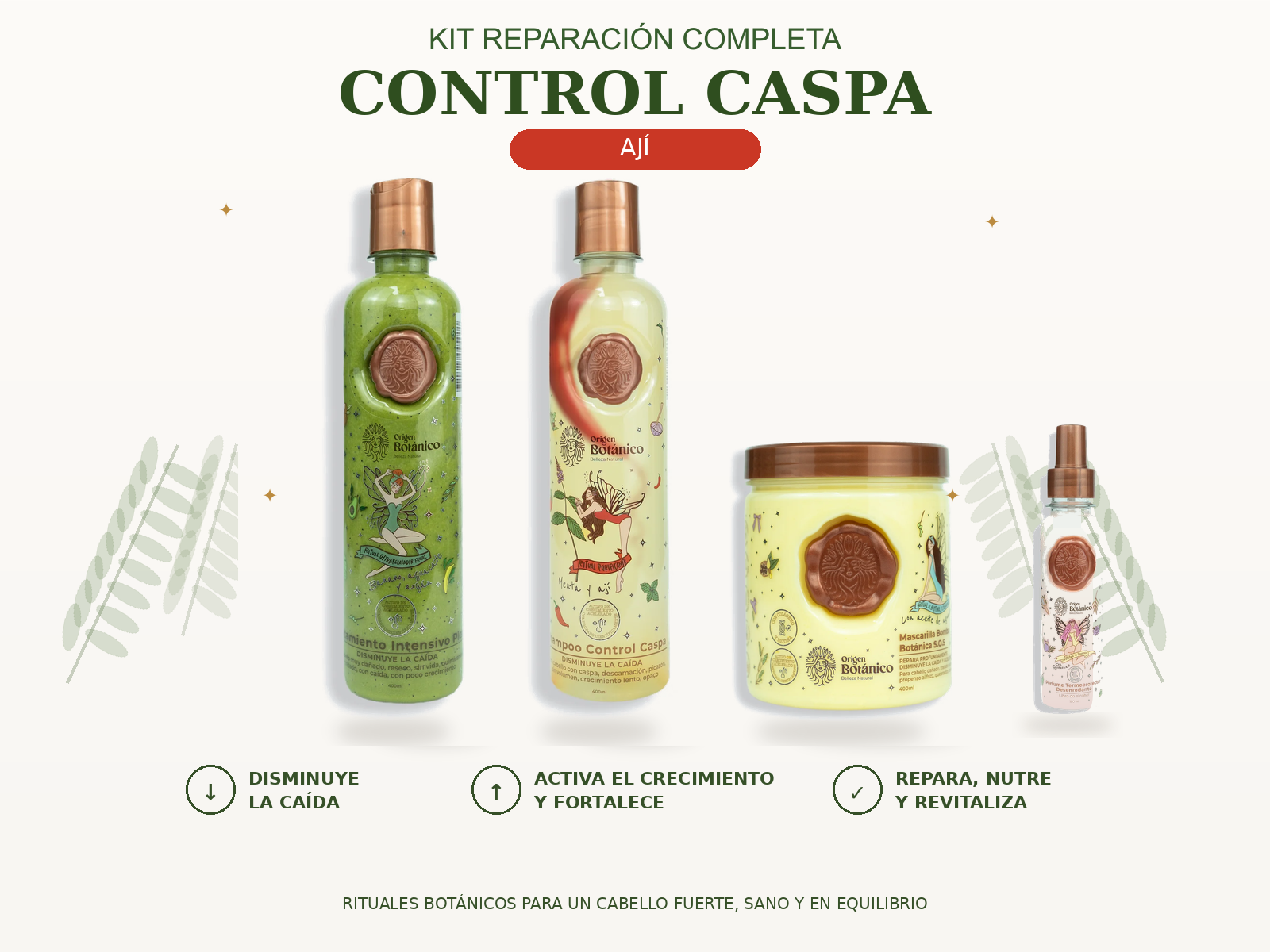 Kit Reparación Completa Control Caspa con Shampoo Ají, Plex, Mascarilla Bomba SOS y Perfume Seducción Rosado 120 ml
