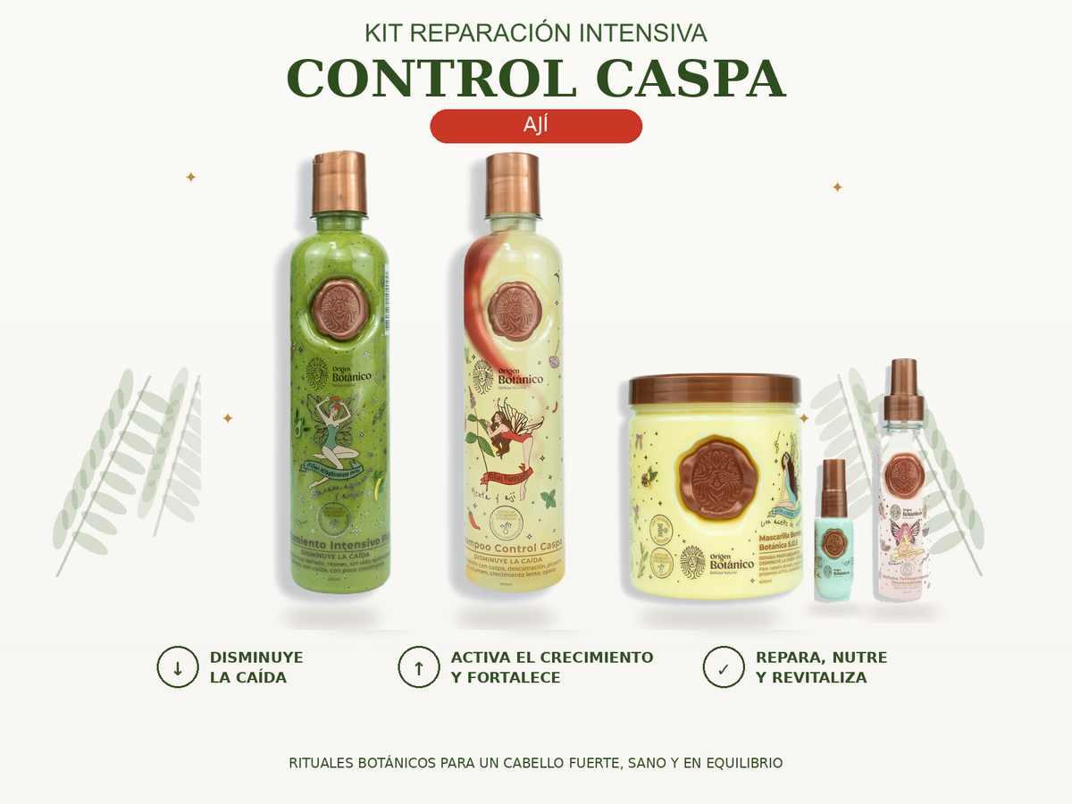 Kit Reparación Intensiva Control Caspa con Shampoo Ají, Plex, Mascarilla Bomba SOS, Perfume Rosado 120 ml y Mini Azul 35 ml