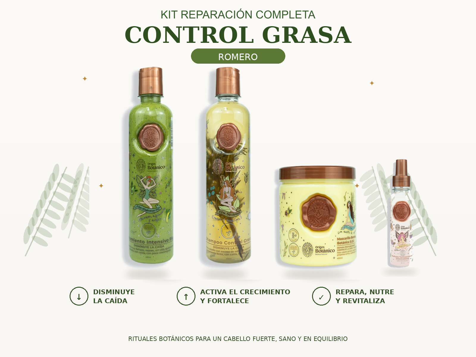 Kit Reparación Completa Control Grasa con Shampoo Romero, Plex, Mascarilla Bomba SOS y Perfume Seducción Rosado 120 ml