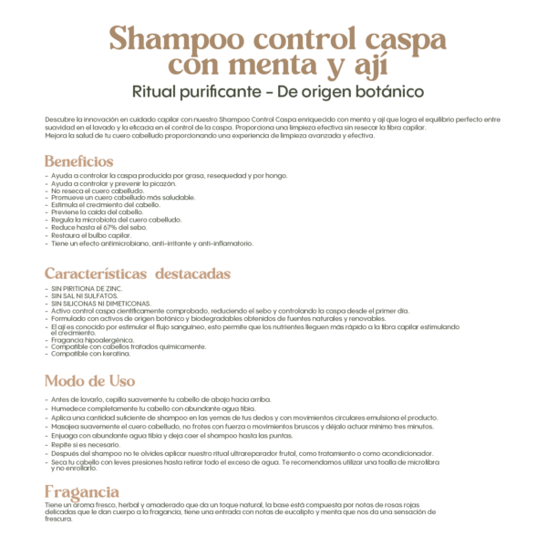 Ritual Botanico- Control de caspa con menta y chile, Shampoo Control Caspa con Menta y Aji, Ingredientes naturales